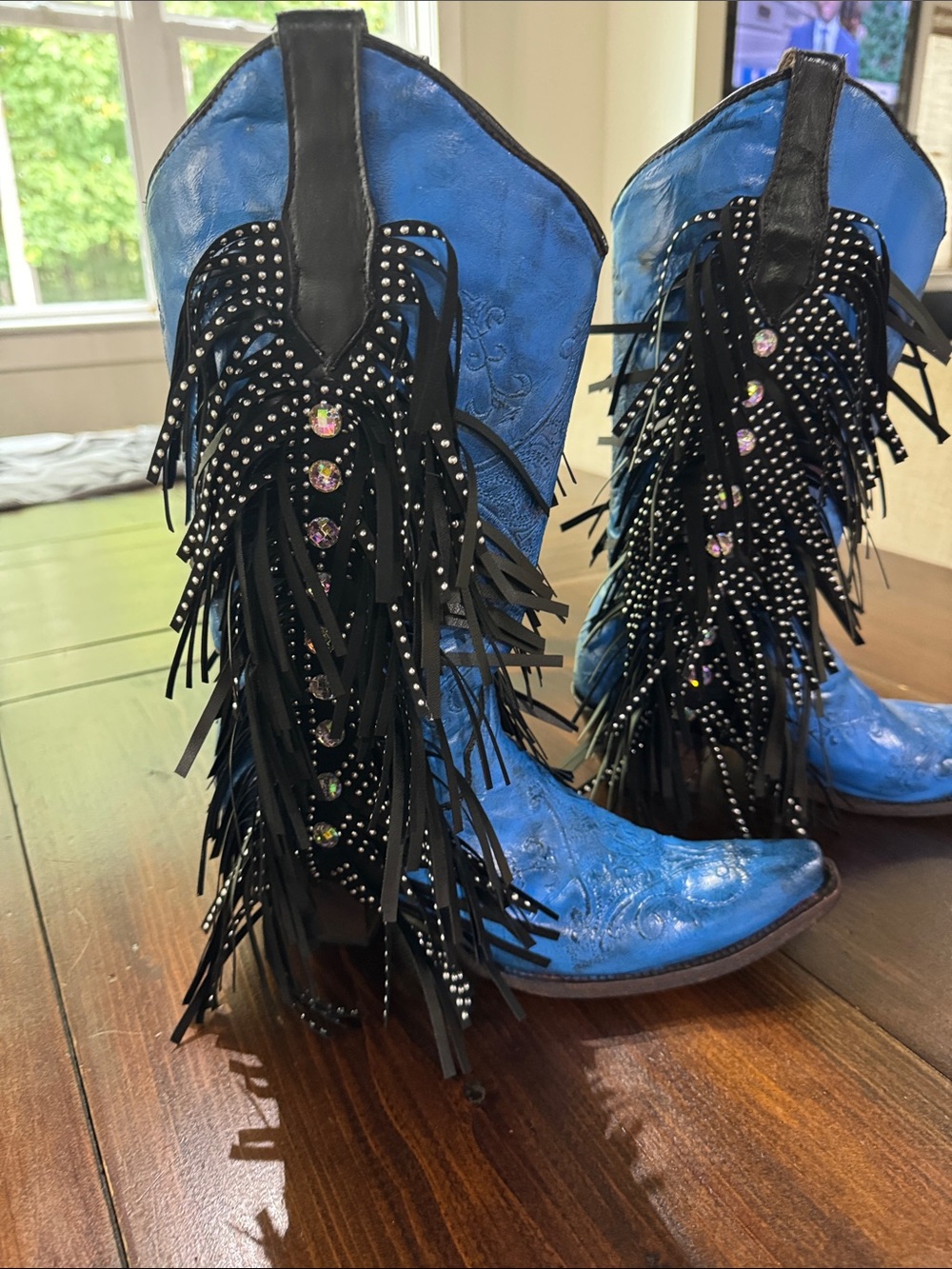 Blue Women's Fringe Western Boots with Rhinestone Detail - Picture 2 of 10